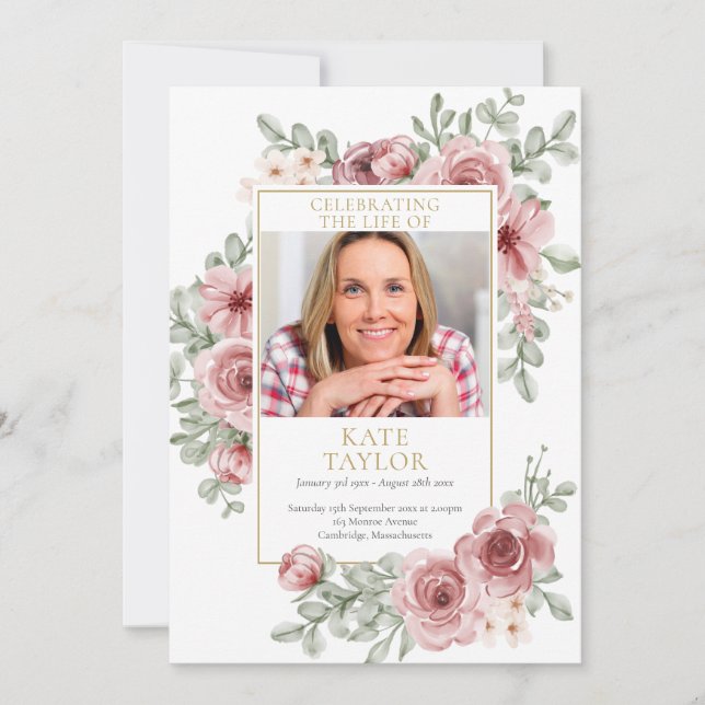 Dammig rosafärgad blomsterbegravning Serviceprogra Inbjudningar (Framsida)