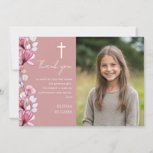 Dammig rosafärgad blomsterfotobekräftelse tack kort