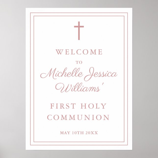 Dammig rosafärgad första kommunion välkomstskylt poster (Framsidan)