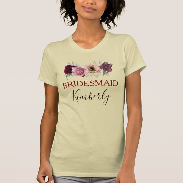 Dammig rosafärgad och burgunderfärgad boho brudtär t shirt (Framsida)