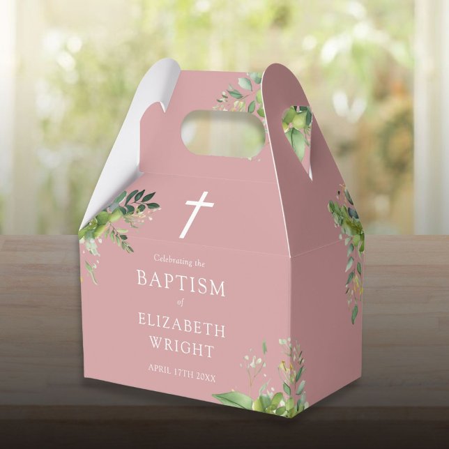 Dammig rosapink grönska dop dopceremoni presentaskar (Dusty Rose Pink Greenery Baptism Christening Favor Boxes)