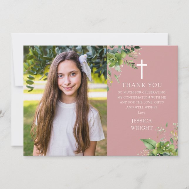Dammig rosapink grönska fotobekräftelse tack kort (Framsida)