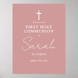 Dammig rosapink välkomstskylt för första heliga ko poster