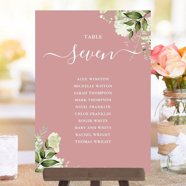 Dammig rosblommig sittplaneringsbord nummer inbjudningar (Dusty Rose Floral Seating Plan Table Number)