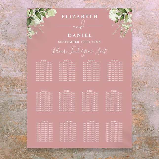 Dammig rosé blomstergrönska bröllops sittplatskart poster (Dusty Rose Floral Greenery Wedding Seating Chart)