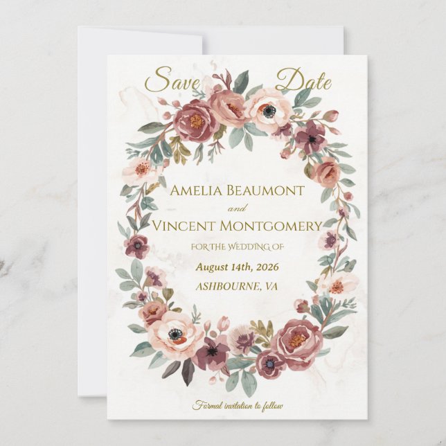 Dammig rosé blomsterkrans Spara datum-kort (Framsida)