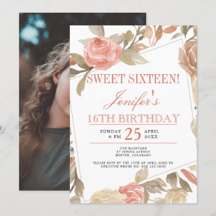 Dammig rosé peach kräm blomstergaller Sweet Sixtee Inbjudningar