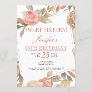 Dammig rosé persikokräm Blommig Sweet Sixteen Inbjudningar