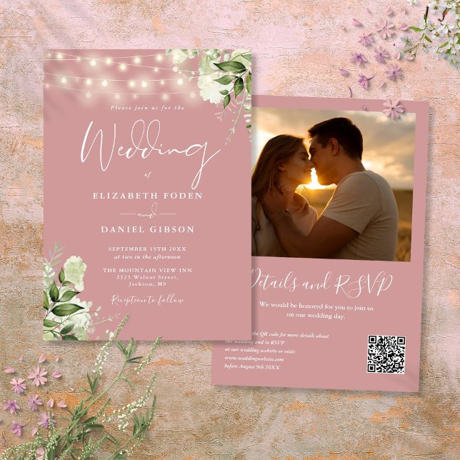 Dammig rosenskiftande gröna ljust kodad QR-kod fot Inbjudningar (Dusty Rose Greenery Lights QR Code Photo Wedding Invitation)
