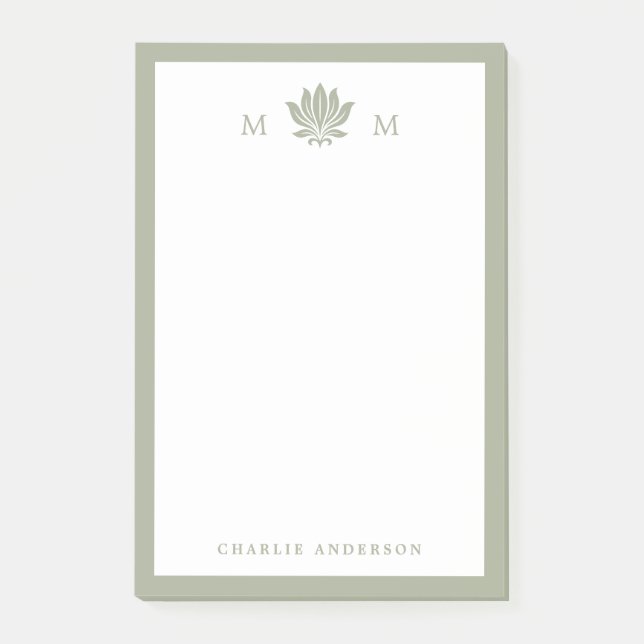 Dammig Salvia Grön Lotus Monogram Post-it Block (Framsida)