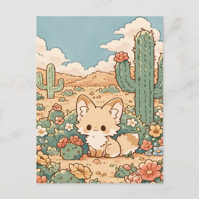 Dammig Salvia Öken Kawaii Ökenräv Vykort (Framsida)