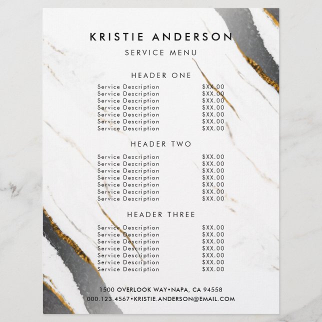Dammig svart guld vit marmor Prissättning & Tjänst Reklamblad (Framsidan)