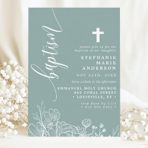 Dammig teal vit blomster elegant script dop inbjudningar