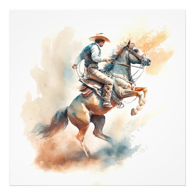 Dammig västerländsk akvarell ”Bucking Bronco” Fototryck (Framsidan)