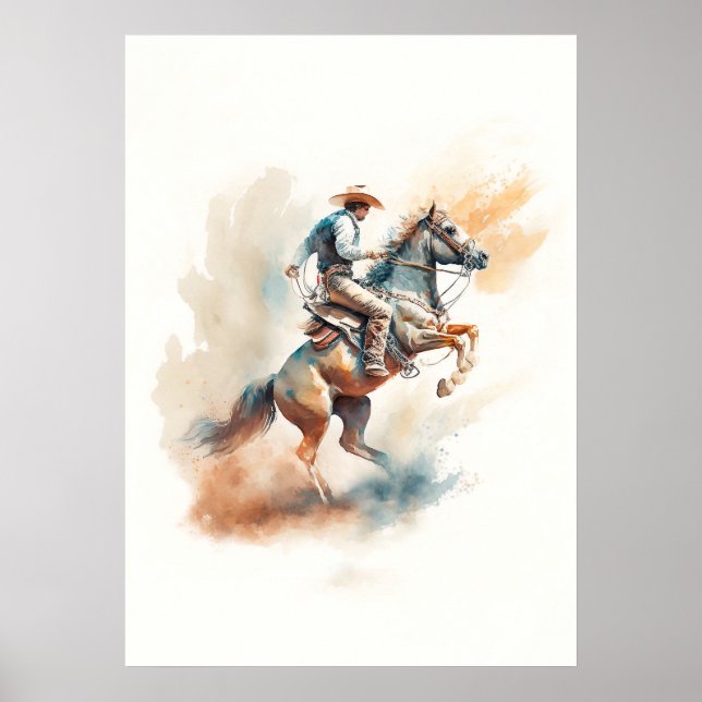 Dammig västerländsk akvarell “Bucking Bronco” Poster (Framsidan)