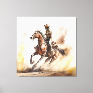 Dammig västerländsk akvarell cowboy ridande mustan canvastryck
