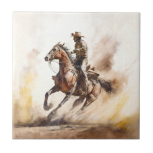 Dammig västerländsk akvarell cowboy ridande mustan kakelplatta