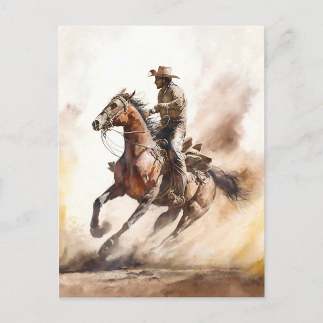 Dammig västerländsk akvarell cowboy ridande mustan vykort (Framsida)