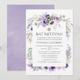 Dammig violett akvarellblomma Bat Mitzvah Inbjudningar