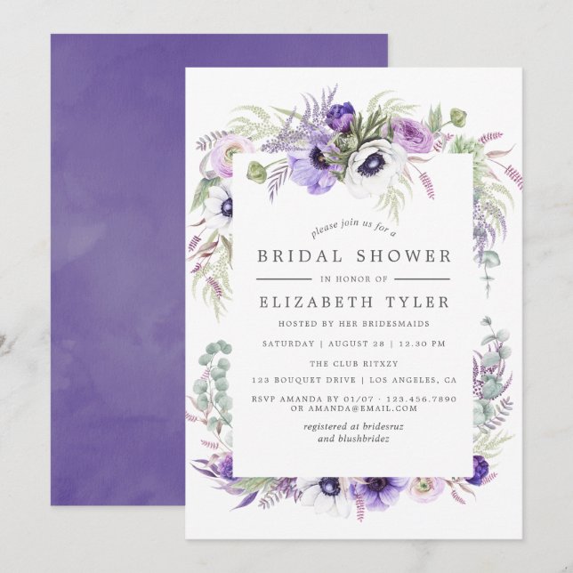 Dammig violett akvarellblomma bröllopsdusch inbjudningar (Fram/baksida)