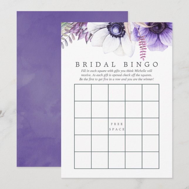 Dammig violett akvarellblommig bröllopsduschbingo inbjudningar (Fram/baksida)