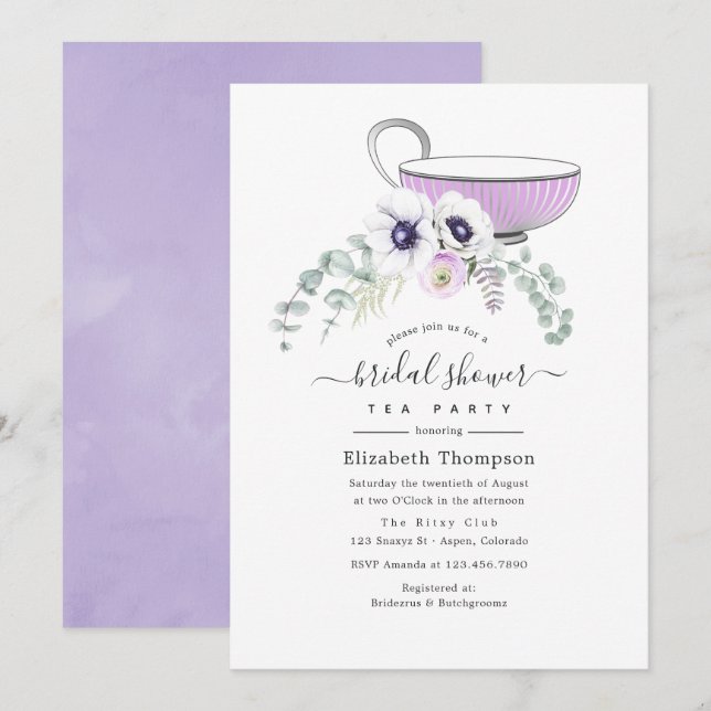 Dammig violett blombröllopsdusch teparty inbjudningar (Fram/baksida)
