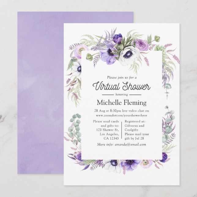 Dammig Violett Blommig Virtuell Bebis Shower Inbjudningar (Fram/baksida)