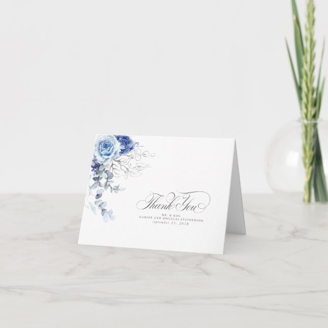 Dammiga blå akvarellblommor Boho tackkort (Framsida)