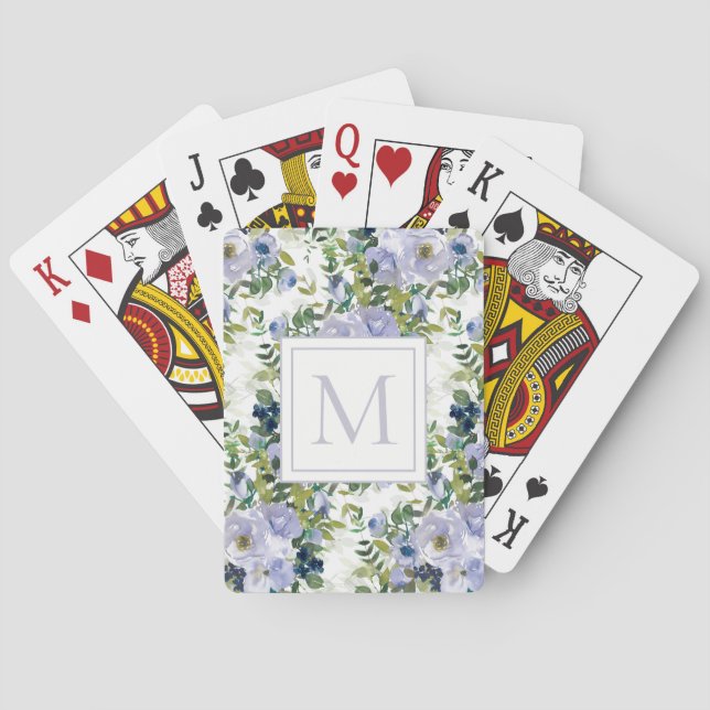 Dammiga blå akvarellblommor monogram casinokort (Baksidan)