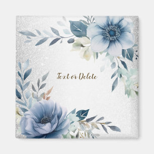 Dammiga blå akvarellblommor Silver Elegant Magnet
