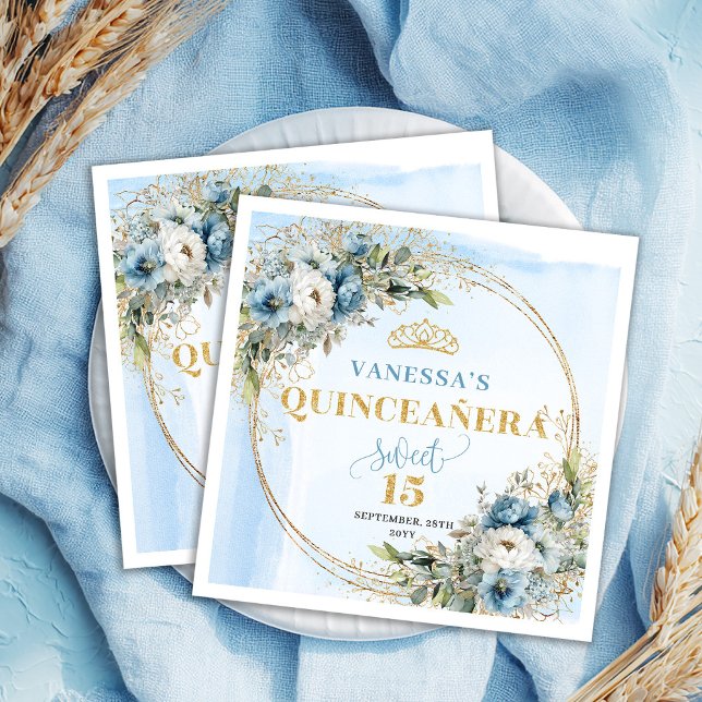 Dammiga blå blommiga guld boho Quinceañera servett (Dusty Blue Floral Gold Boho Quinceañera Napkins)