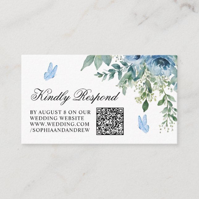 Dammiga Blå Blommor Bröllop QR-kod RSVP Tilläggskort (Framsida)