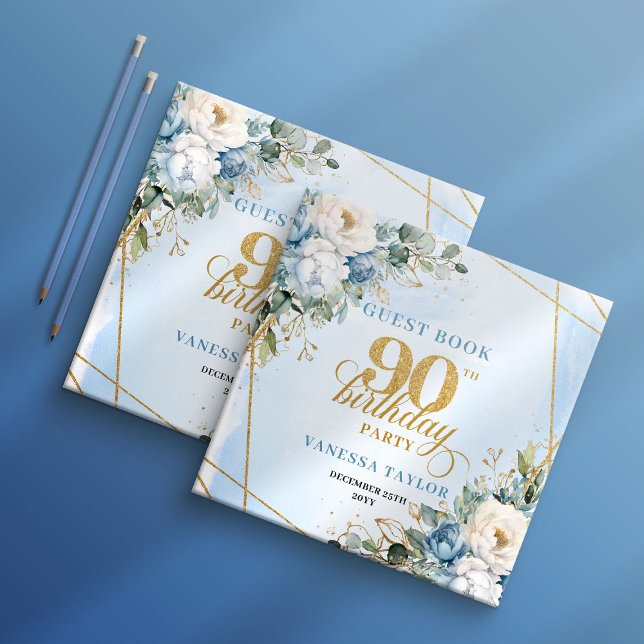 Dammiga blå blommor Elegant Skrift 90-årsdag  Gästböcker (Dusty Blue Flowers Elegant Script 90th Birthday Guest Book

)