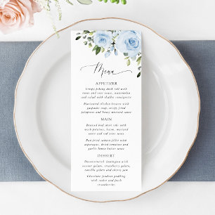Dammiga blå blommor, grönska, Boho, blomsterbröllo Meny