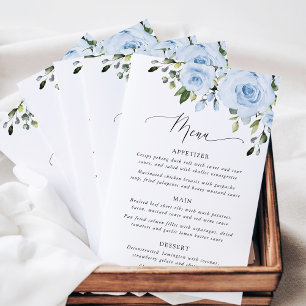 Dammiga blå blommor, grönska, Boho, bröllopsmeny