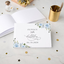 Dammiga blå blommor, grönska, Boho, födelsedag Gästböcker