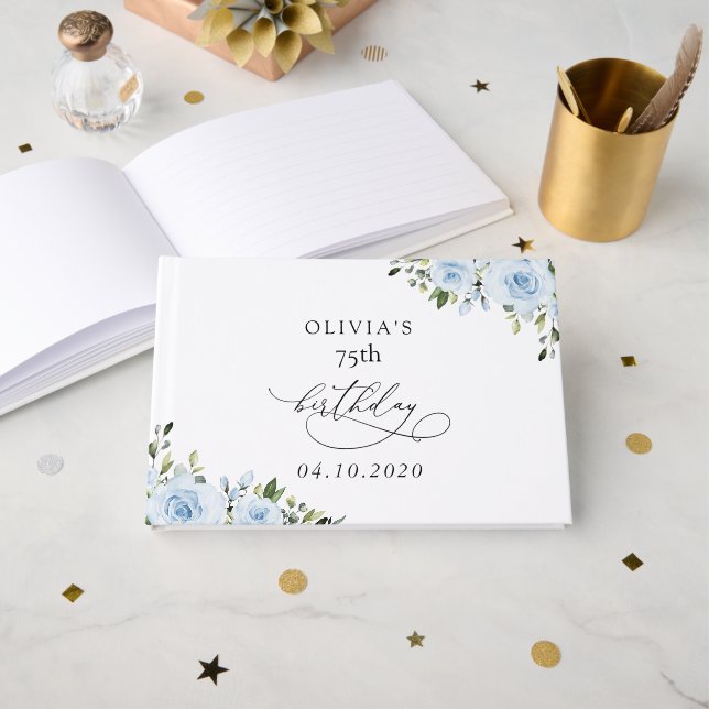 Dammiga blå blommor, grönska, Boho, födelsedag Gästböcker (Framsida öppen)