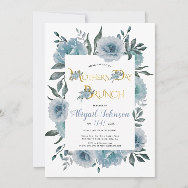 Dammiga blå blommor morsdagsbrunch inbjudningar (Framsida)