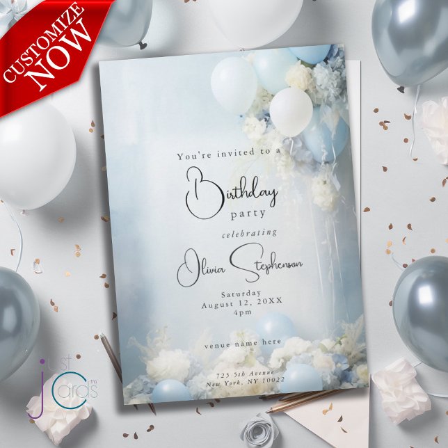 Dammiga blå blommor och ballonger QR födelsedag  Inbjudningar (Easily customized text )
