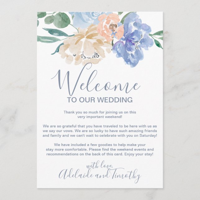 Dammiga blå blommor välkomstbrev & resplan program (Framsida)