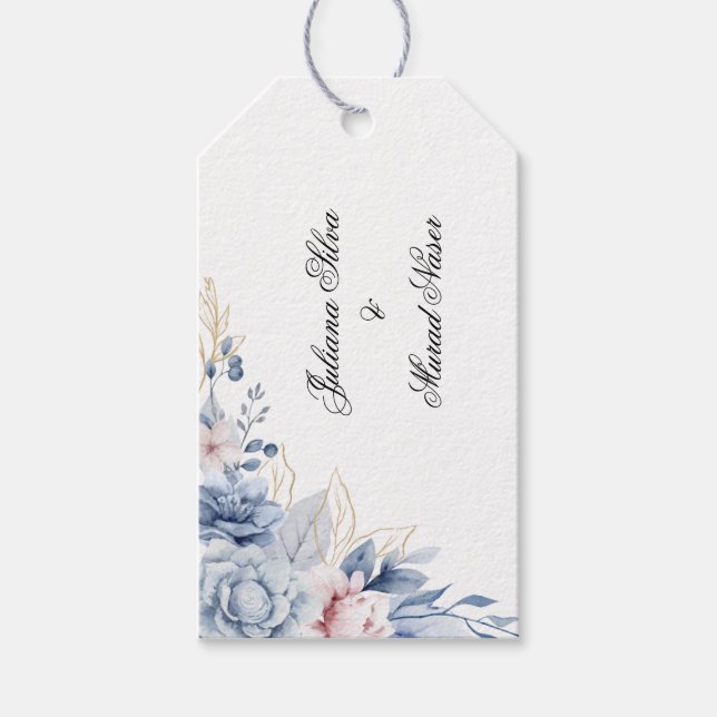 Dammiga blå blomsterbröllopsgavettermer presentetikett (Framsidan)