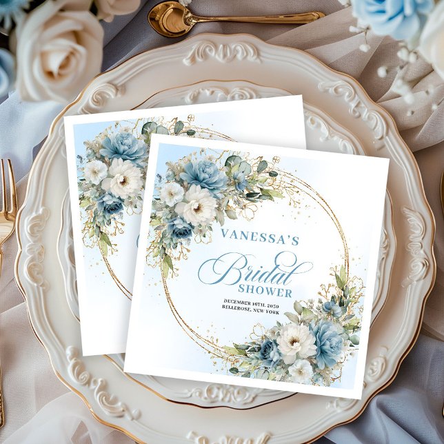 Dammiga blå boho-blommor guldglittrande ram servet pappersservett (Dusty blue boho florals gold glitter frame napkins

)