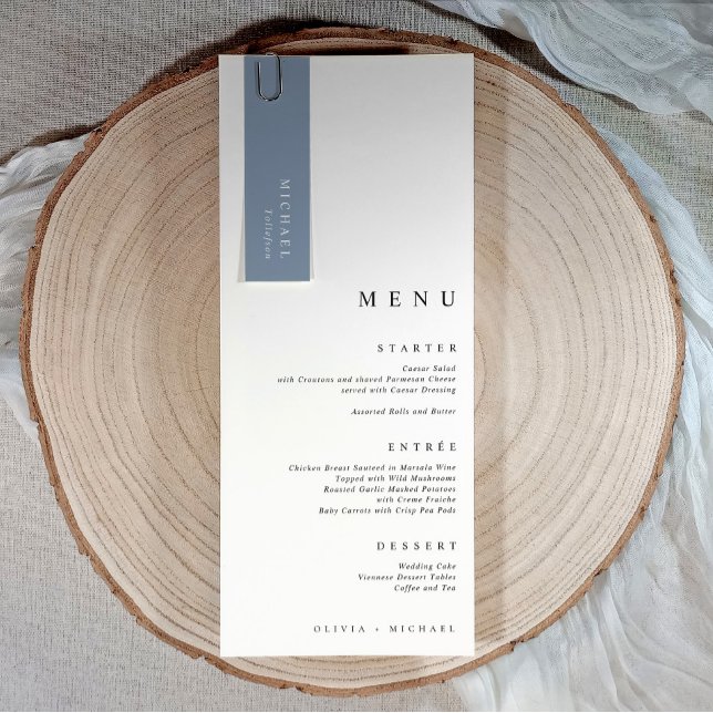Dammiga blå bröllopsnamn etiketter 3.5 x 1 smala k (Simple elegant dusty blue name tags for wedding menus - slim 3.5x1 inch design.)