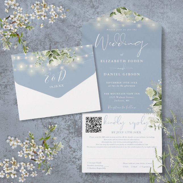 Dammiga blå grönska strängljus QR-kod bröllop (Dusty Blue Greenery String Lights QR Code Wedding All In One Invitation)
