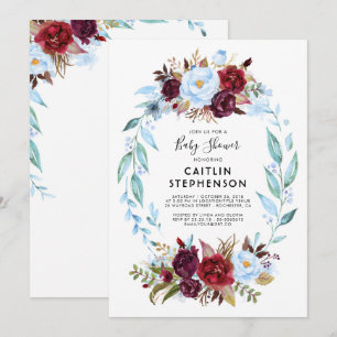 Dammiga blå och vinröda blommor Baby Shower Inbjudningar