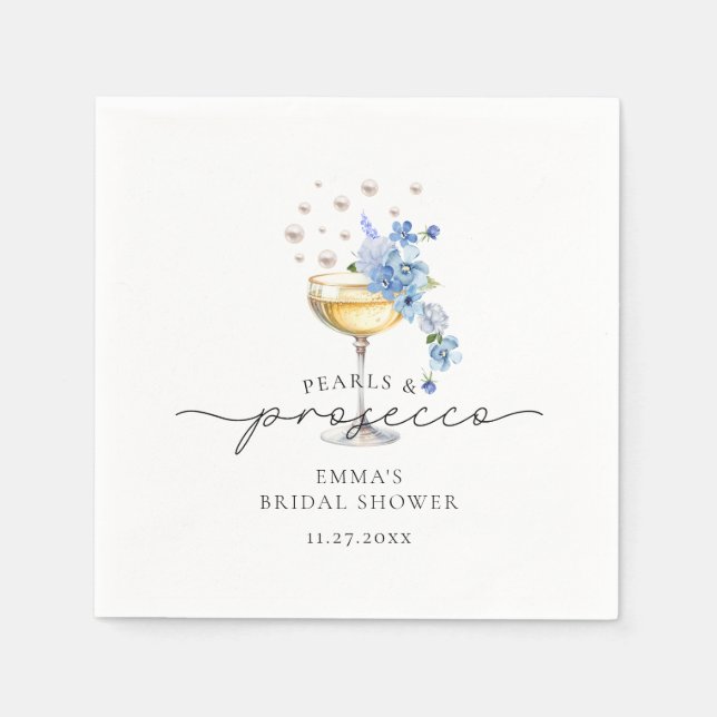 Dammiga blå pärlor & Prosecco Blommig Bröllopsdusc Pappersservett (Framsidan)