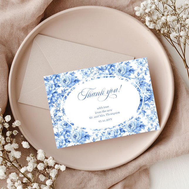 Dammiga blå rosor Chic tackkort för bröllop Tack Kort (Dusty Blue Roses Chic Wedding Thank You Card)