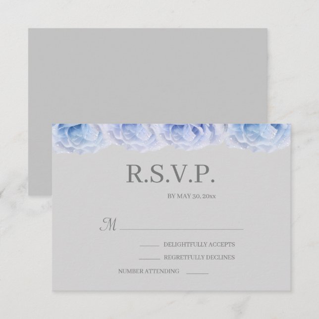 Dammiga blå rosor Grå Elegant Blommig Bröllop RSVP Inbjudningar (Fram/baksida)