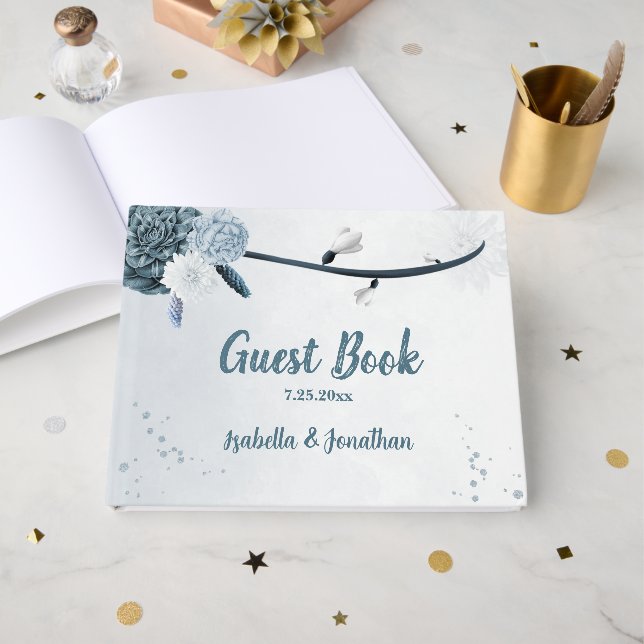 dammiga blå skuggor och vita blommor romantiska gästböcker (Framsida Öppen)
