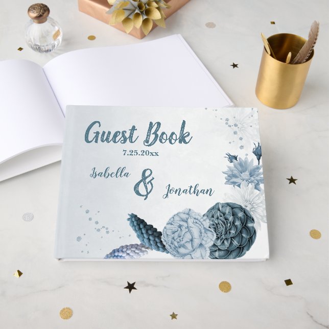 dammiga blå skuggor och vita blommor romantiska gästböcker (Framsida Öppen)